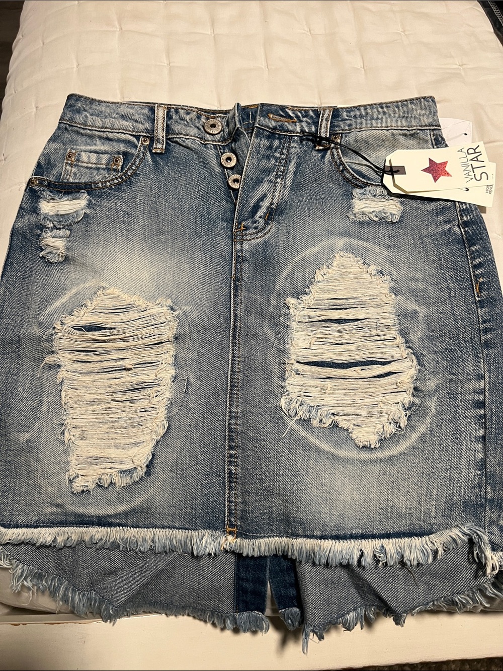 Vanilla Star Distressed Blue Denim Mini Skirt